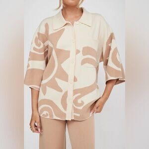 Indi Luxe Beige and Brown Button-Up Knit Shirt